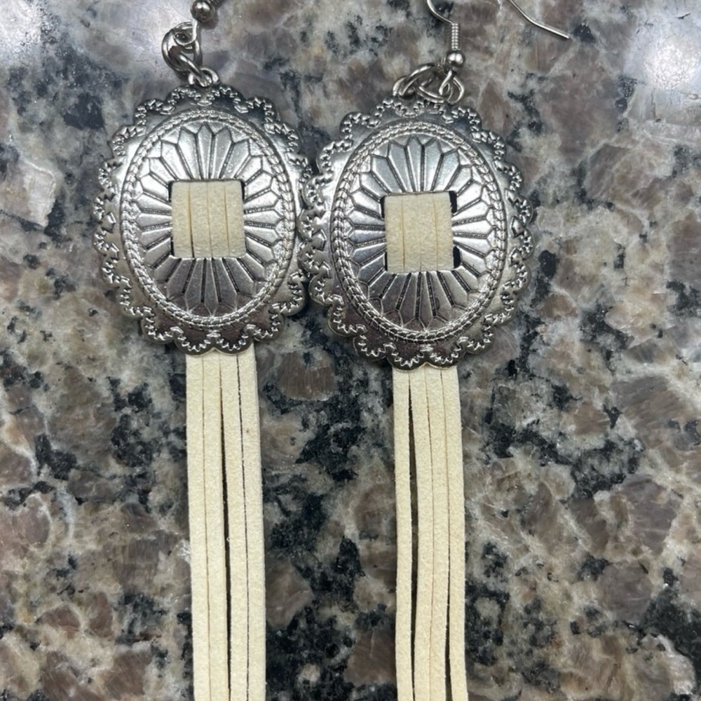 Silver and Cream Dangle Concho Earrings